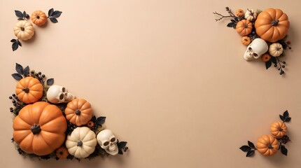 Fototapeta premium Flat lay composition of pumpkins and skulls arranged in corners on a neutral beige background for halloween holiday celebration