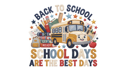 Naklejka premium Back to School Bus and School Supplies Typography Transparent Background