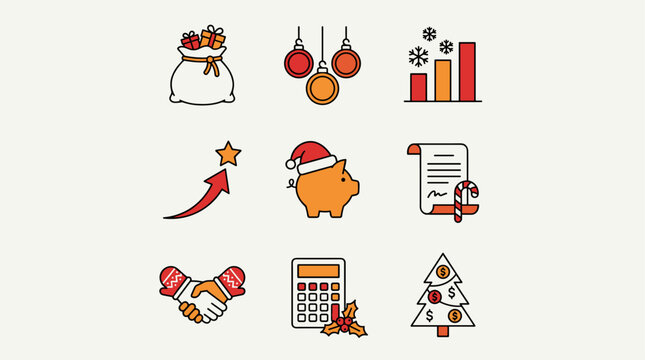 Christmas finance icon set with festive business and financial symbols, flat design graphic elements