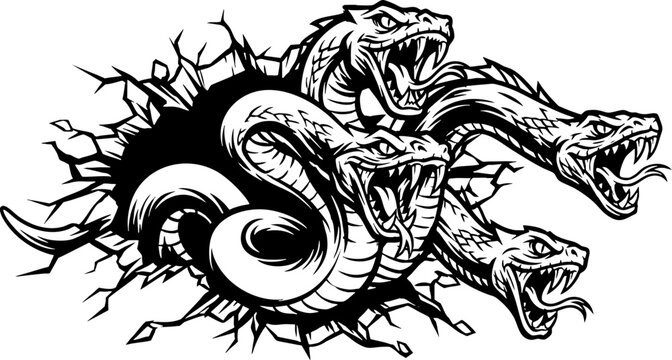 Fierce hydra monster bursting through wall black and white vector