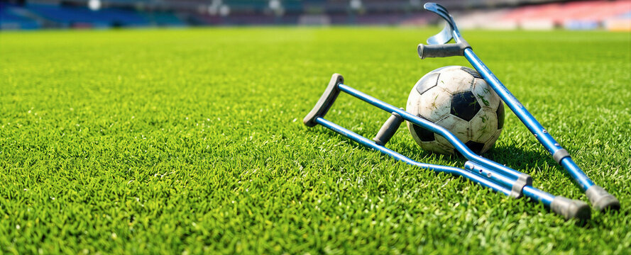 Soccer Ball with Crutches on Field, Injury Recovery and Return to Sport Concept