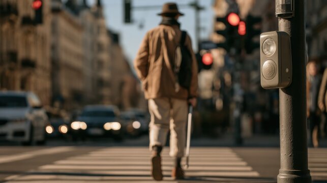 Person walks with umbrella at crosswalk as traffic lights change in a busy city area during the day