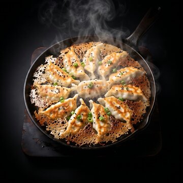  pan of sizzling Yaki-mandu 야끼만두  (crispy pan-fried pork dumplings) arranged in a star pattern, showing golden lace-skirt crust edges. T