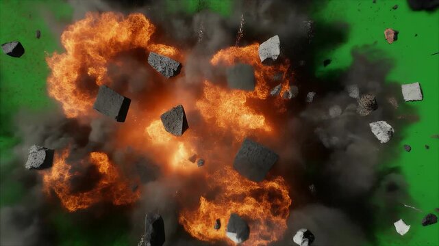 Intense explosion with flying debris and smoke against a green screen background.