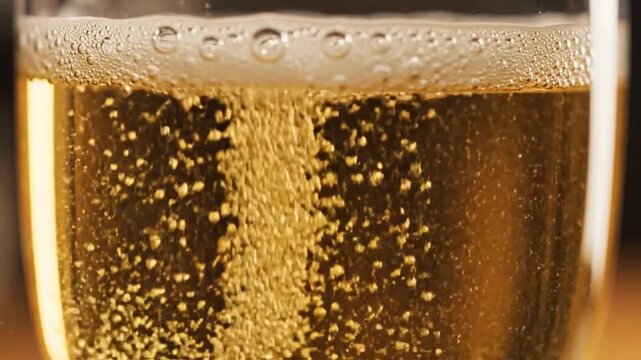Golden liquid with effervescent bubbles rising in a glass, forming a thick, white foam head in a macro shot, highlighting the texture and carbonation of a refreshing alcoholic beverage