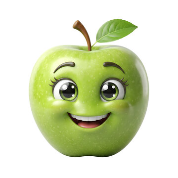 A 3d green apple character with a friendly smiling face On  transparent background