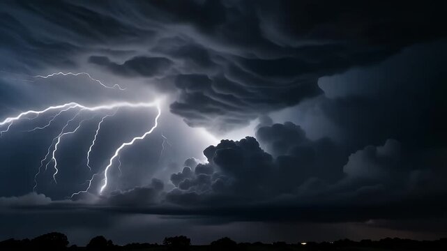 Spectacular lightning strikes illuminating dark storm clouds.