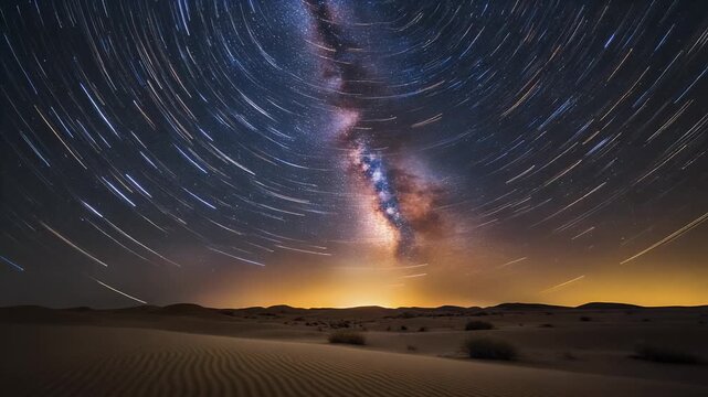 Composite of three star trail images showing the Milky Way over a desert landscape.