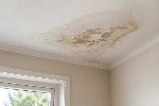 Water damaged ceiling with peeling paint and mold stains in home interior