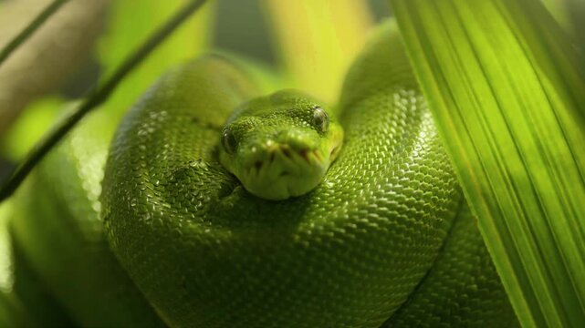 A breathtaking cinematic medium close-up wildlife shot capturing a stunning emerald tree python tightly coiled along a delicate vine amidst vibrant green tropical rainforest foliage.