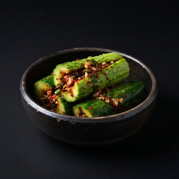  bowl filled with vivid green Oi-sobagi 오이소박이  (stuffed cucumber kimchi) cut open to reveal red pepper flake filling and chives. 