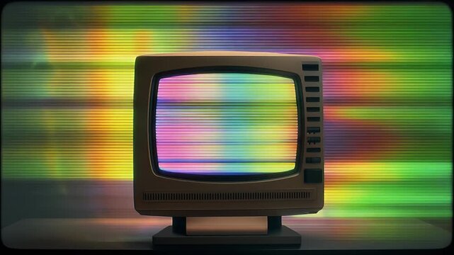 Vintage television displaying colorful static on screen.
