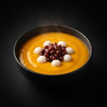 matte black bowl of warm Hobak-juk (Korean golden pumpkin porridge) decorated with sweet red beans and small glutinous rice balls.
