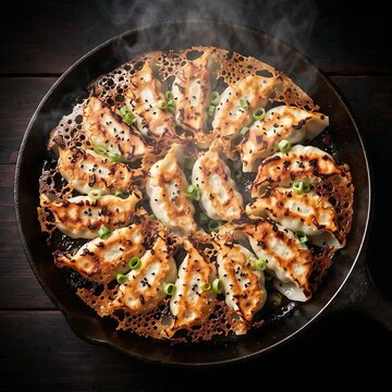  pan of sizzling Yaki-mandu 야끼만두  (crispy pan-fried pork dumplings) arranged in a star pattern, showing golden lace-skirt crust edges. T