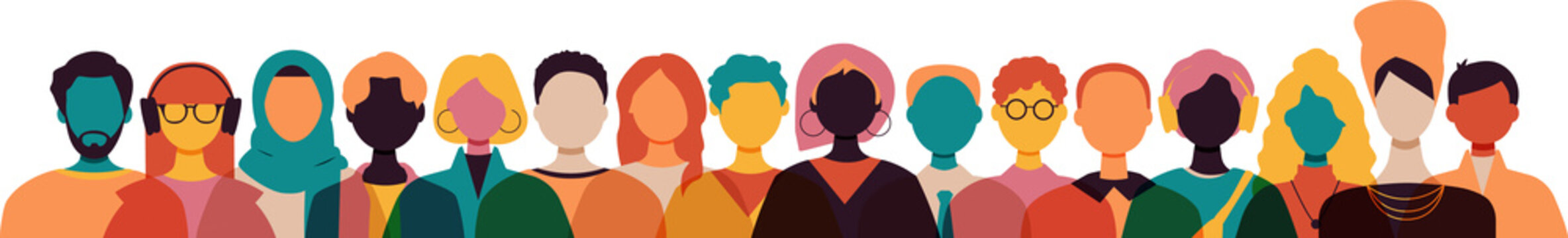 Different people standing together. Modern colourful design.