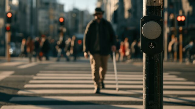 Person walks across a crosswalk in a busy city while using a white cane for support in the late afternoon light