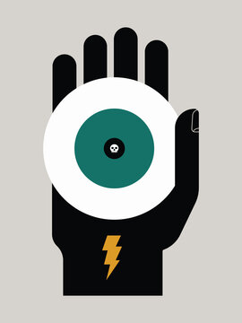 Bold symbolic illustration of a raised black hand containing a large eye and lightning bolt, representing awareness, intuition, power, energy, protection, observation, and mystical visual symbolism.