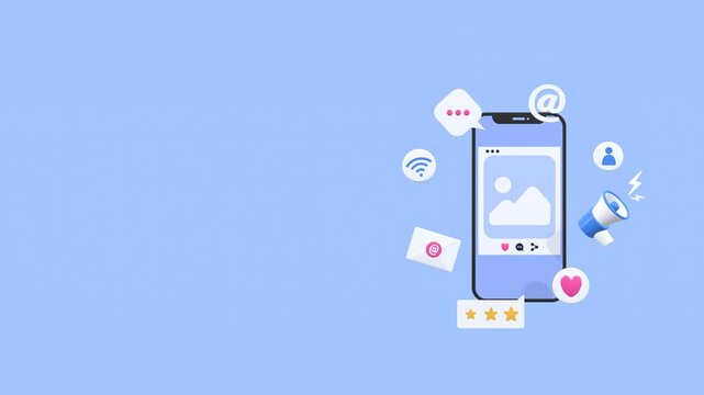 Social media marketing and digital brand strategy concept animation with copy space, representing online growth, audience engagement, content promotion, brand awareness, and business success.