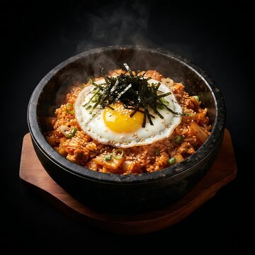 a traditional black stone pot containing steaming Kimchi-bokeumbap  김치볶음밥 (kimchi fried rice) topped with a perfectly intact sunny-side-up fried egg with a bright 