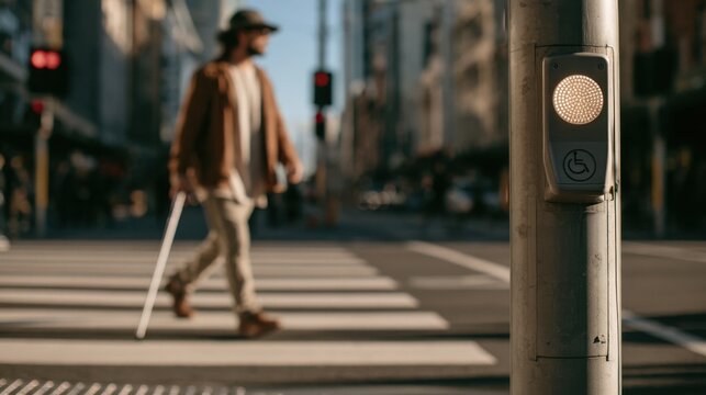 Man crossing the street at a traffic light in a busy urban area during the day