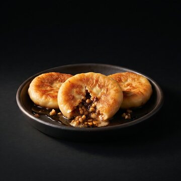 dish with  golden-brown Hotteok (sweet Korean cinnamon stuffed pancakes) oozing melted brown sugar, syrup, and chopped walnuts 