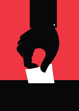 Minimal graphic illustration of a hand inserting a paper card into a slot, symbolizing voting, elections, submission, feedback, forms, decision-making, and participation.