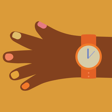 Flat illustration of a dark-skinned hand with multicolored fingernails and an orange wristwatch, representing fashion, beauty, individuality, diversity, personal style, and self-expression.