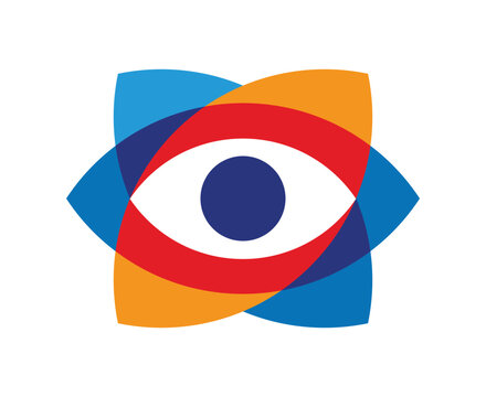 Bold abstract eye formed with overlapping red, blue, and orange geometric petal shapes, representing vision, awareness, observation, creativity, perception, and visual identity.