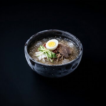 deep dark bowl containing Mul-naengmyeon  물냉면 (chilled icy noodle soup) with floating ice crystals, cucumber ribbons, sliced pickled radish, half an egg, and thin beef. 