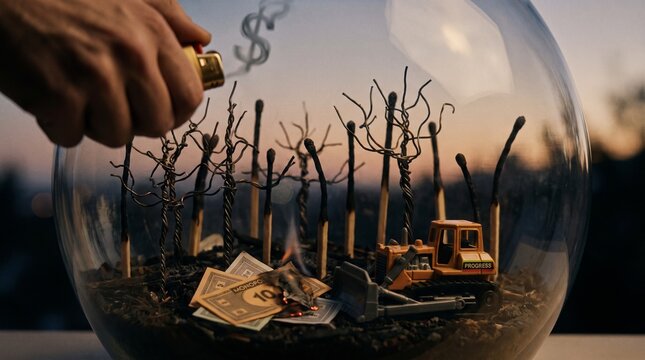 A miniature bulldozer and money inside a glass terrarium represent economic development, deforestation, and the environmental cost of exploiting natural resources.
