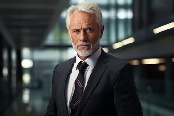 Fototapeta premium Senior businessman standing indoors in an office corridor, exuding leadership and professionalism