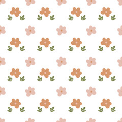 Fototapeta premium Cute earth tone flower and sage green leaf seamless pattern on white background. Minimalist terracotta daisy blossom, pastel pink petal, and tiny botanical sprout hand drawn vector illustration.