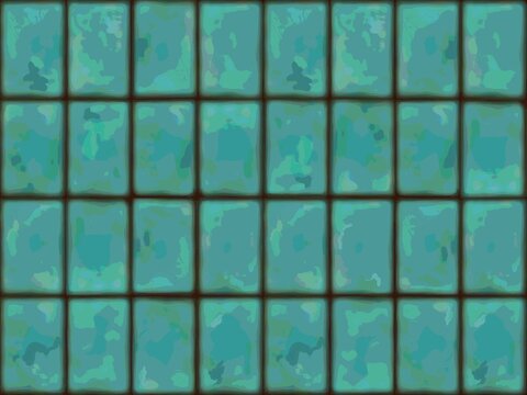 Illustration of tidy arranged of turquoise blue mosaic ceramic tiles in posterized style. Suitable for architectural-themed or interior design themes background. 