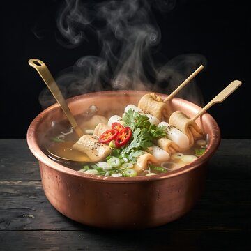 polished copper pot containing glowing hot Eomuk-tang (fish cake skewer soup) in clear broth, garnished with red chili slices and chrysanthemum leaves