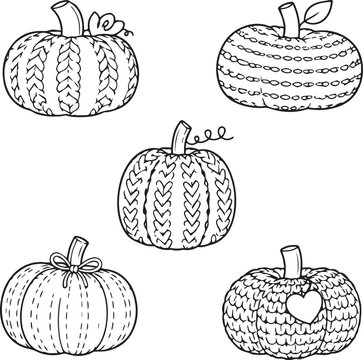 Cozy set of hand-knitted and crocheted decorative pumpkins line art. Black and white vector outline icons for autumn crafts, Thanksgiving decor, and coloring book pages