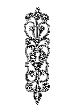 Ornate keyhole plate with symmetrical scrolls and leaf motifs, old vintage illustration, 1897.