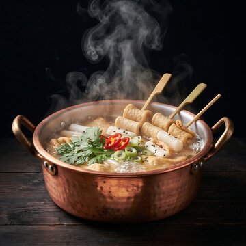 polished copper pot containing glowing hot Eomuk-tang (fish cake skewer soup) in clear broth, garnished with red chili slices and chrysanthemum leaves