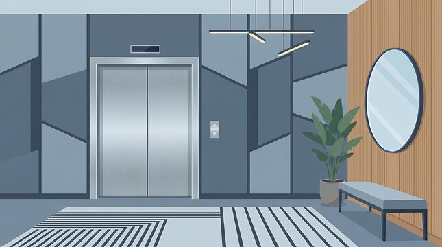 Flatof Contemporary Elevator Lobby Interior with Closed Metal Doors and Hallway Accessories elevator lift lobby interior hallway office apartment doors closed flat designminimal