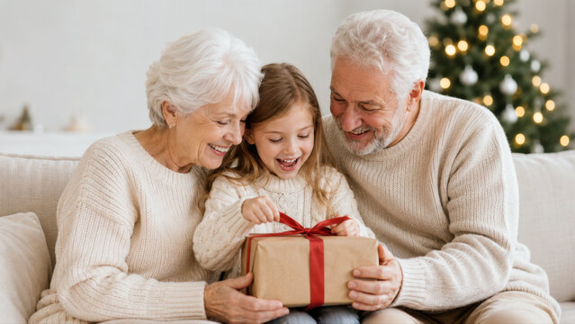 Joyful grandparents watch their granddaughter open a Christmas gift beside a glowing tree, celebrating family love and holiday togetherness.