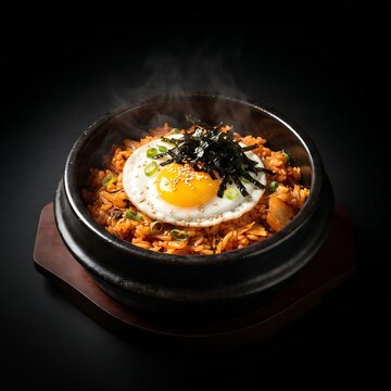 a traditional black stone pot containing steaming Kimchi-bokeumbap  김치볶음밥 (kimchi fried rice) topped with a perfectly intact sunny-side-up fried egg with a bright 