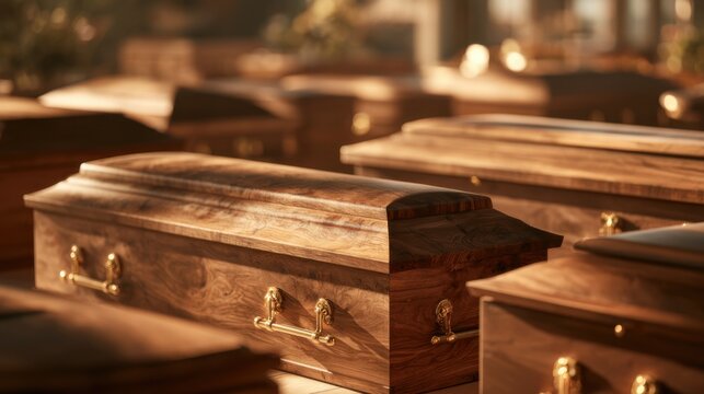 Wooden coffins in a quiet room during the day with soft light shining through the windows