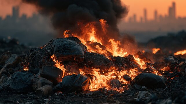 Fire burns waste at a landfill site during sunset with city skyline in the background