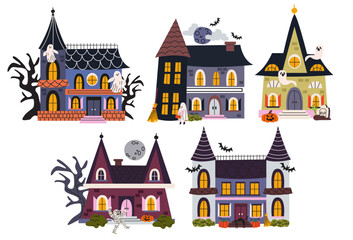 Fototapeta premium Haunted houses collection for Halloween. Set of different spooky gothic mansions with ghosts, bats, graves, skeletons and glowing windows under a full moon for stickers and holiday design