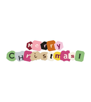 Merry christmas text made from colorful paper scraps in a ransom note letter style