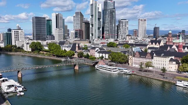 Frankfurt Skyline In Hesse Germany. Highrise Buildings Scene. Downtown City. Financial District. Frankfurt Skyline In Frankfurt In Hesse Germany. Futuristic Towers Offices. Europe Skyline.
