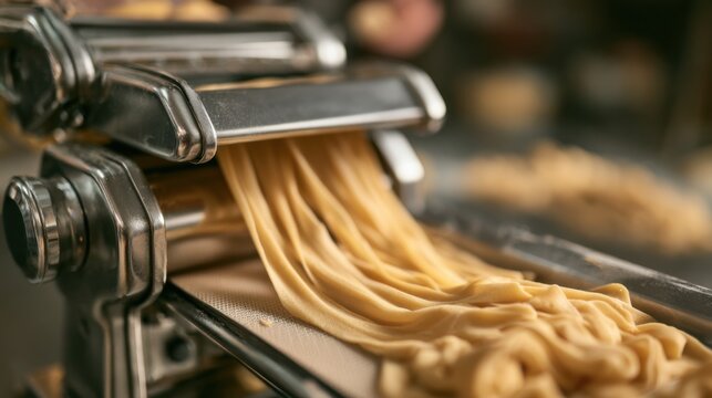 Fresh pasta being made with a pasta machine in a kitchen setting during afternoon hours