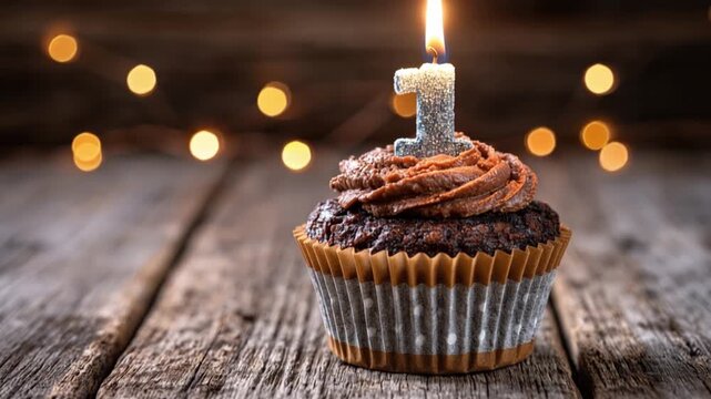A delicious chocolate cupcake with a lit '1' candle sits on a rustic wooden table, surrounded by a soft bokeh of warm, glowing lights. ..Created with Generative AI, not depicting real subjects.