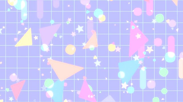 Colorful triangles, circles, rounded rectangles, hearts, and stars flying up against pastel grid background animation. (loop)