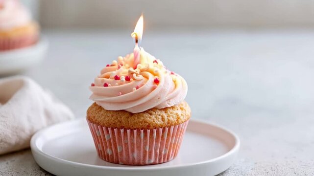 A delicious cupcake topped with a single lit candle and swirls of pink frosting, ready to be enjoyed as a sweet treat. ..Created with Generative AI, not depicting real subjects.