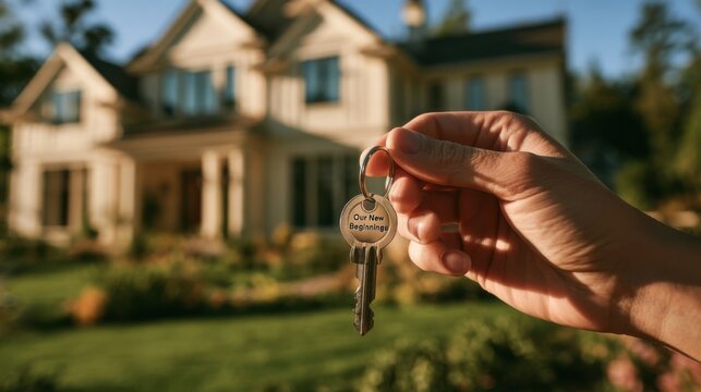 Holding keys in front of a new house showing excitement for a new beginning